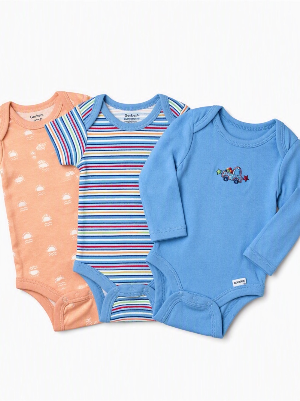 Gerber Onesies Whimsical Truck & Rainbow Stripe Bodysuit Bundle 3pcs NB 0-3M